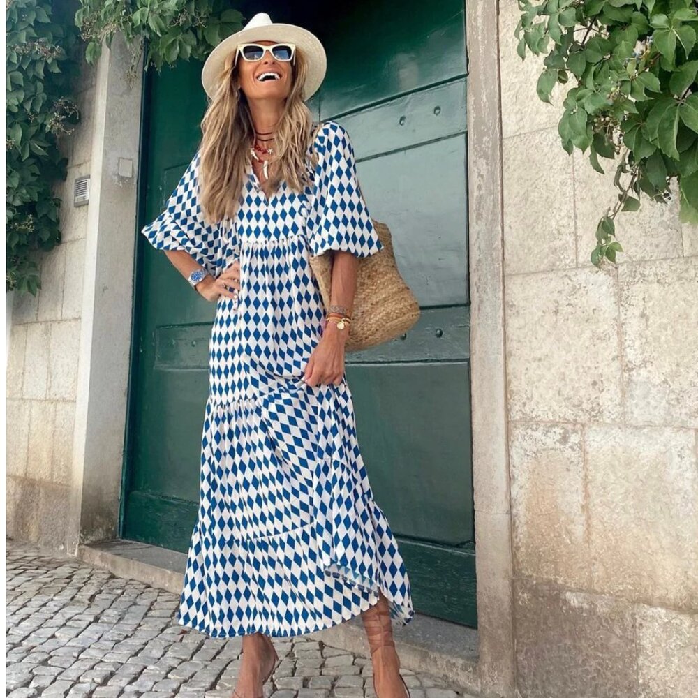 NWOT Sorella Boutique Viola Maxi Dress (Blue & White Diamond Pattern)